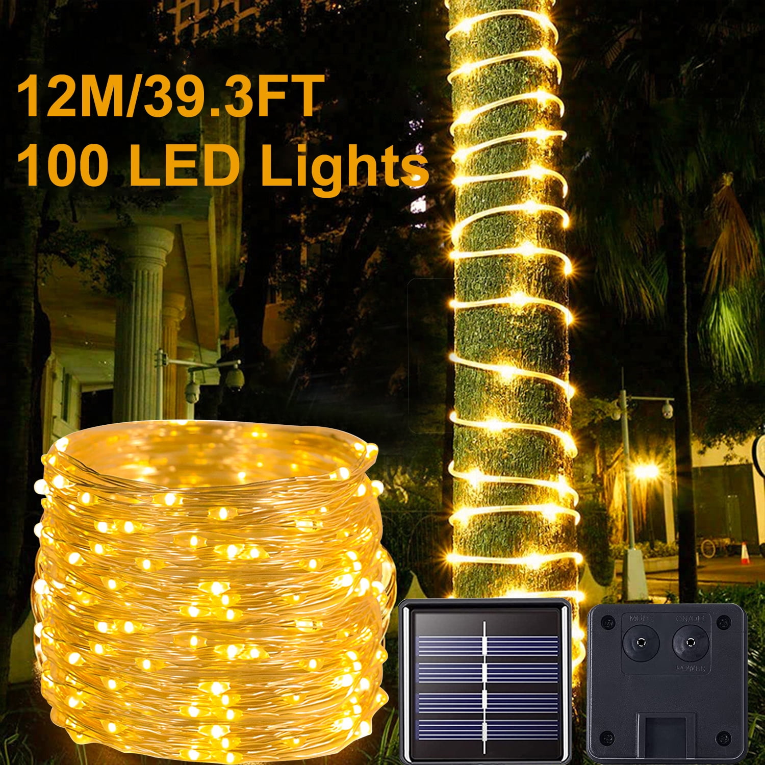 Romanda 100M/39.3FT Solar Outdoor Lights, 100 LED Rope Lights Outdoor Christmas Lights, Solar