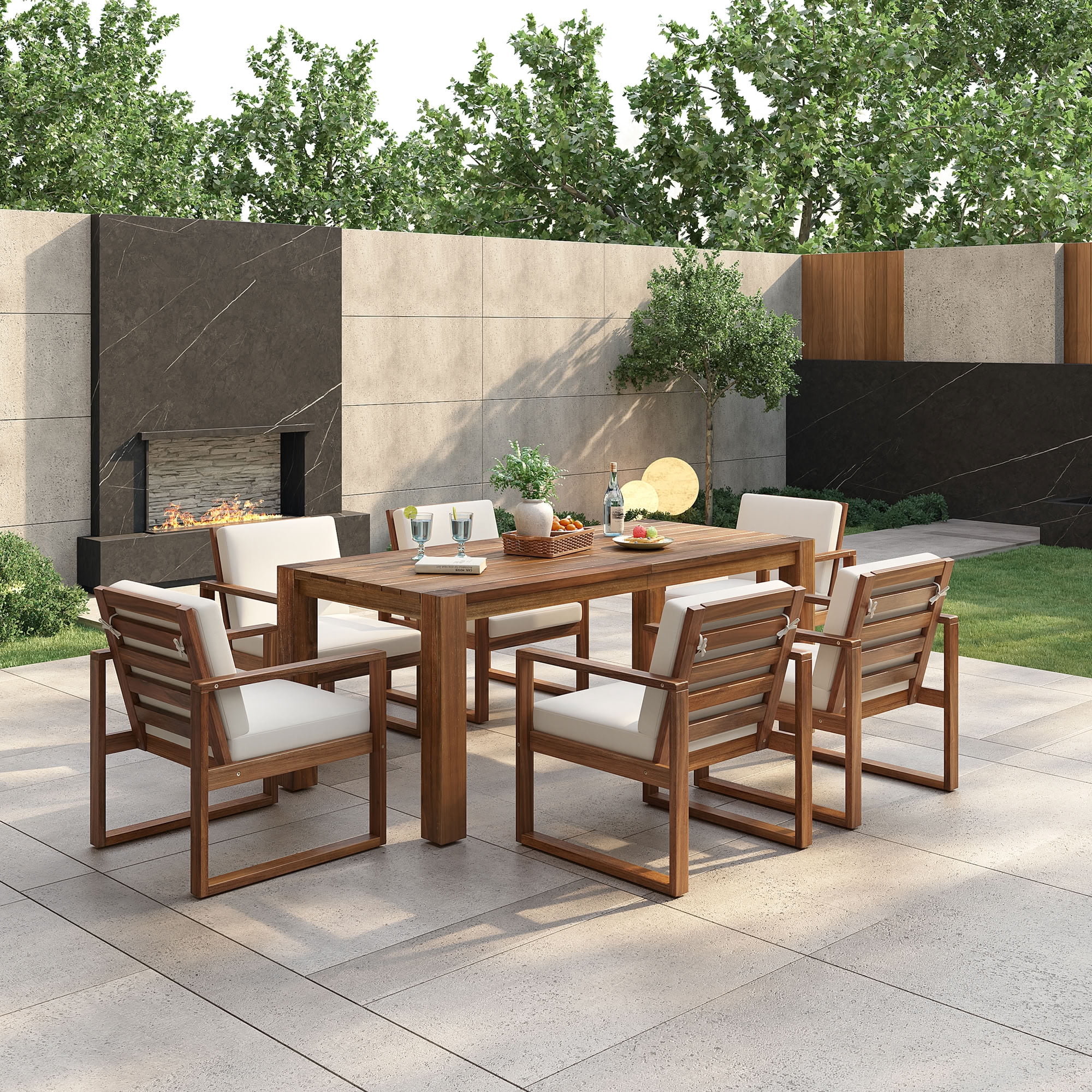 MAYEERTY 7 Piece Patio Table and Chairs Set, Outdoor Wood Furniture Set for 6 with Removable Cushion & Umbrella Hole, for Garden