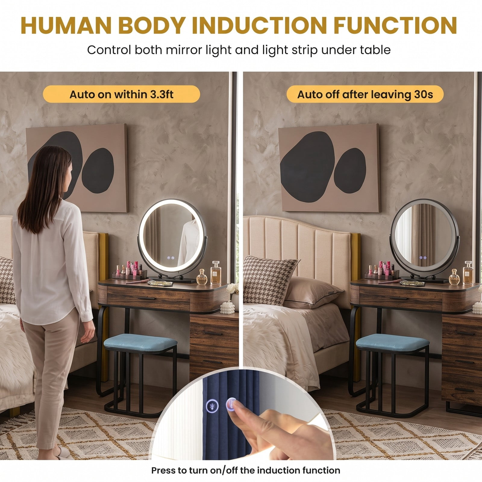 Furnibear Vanity Table Set with Lighted Mirror and Wireless Charging Station and 3 Drawer Chest and Cushioned Stool, Brown