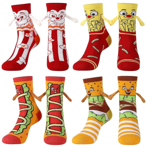 Bocaoying 4 Pairs Crazy Silly Magnetic Food Socks 4 Pack - Funny Fast Food Novelty Crew Socks Set, Cute Gag Gifts for Food Lovers Men Women (US 5-8.5)
