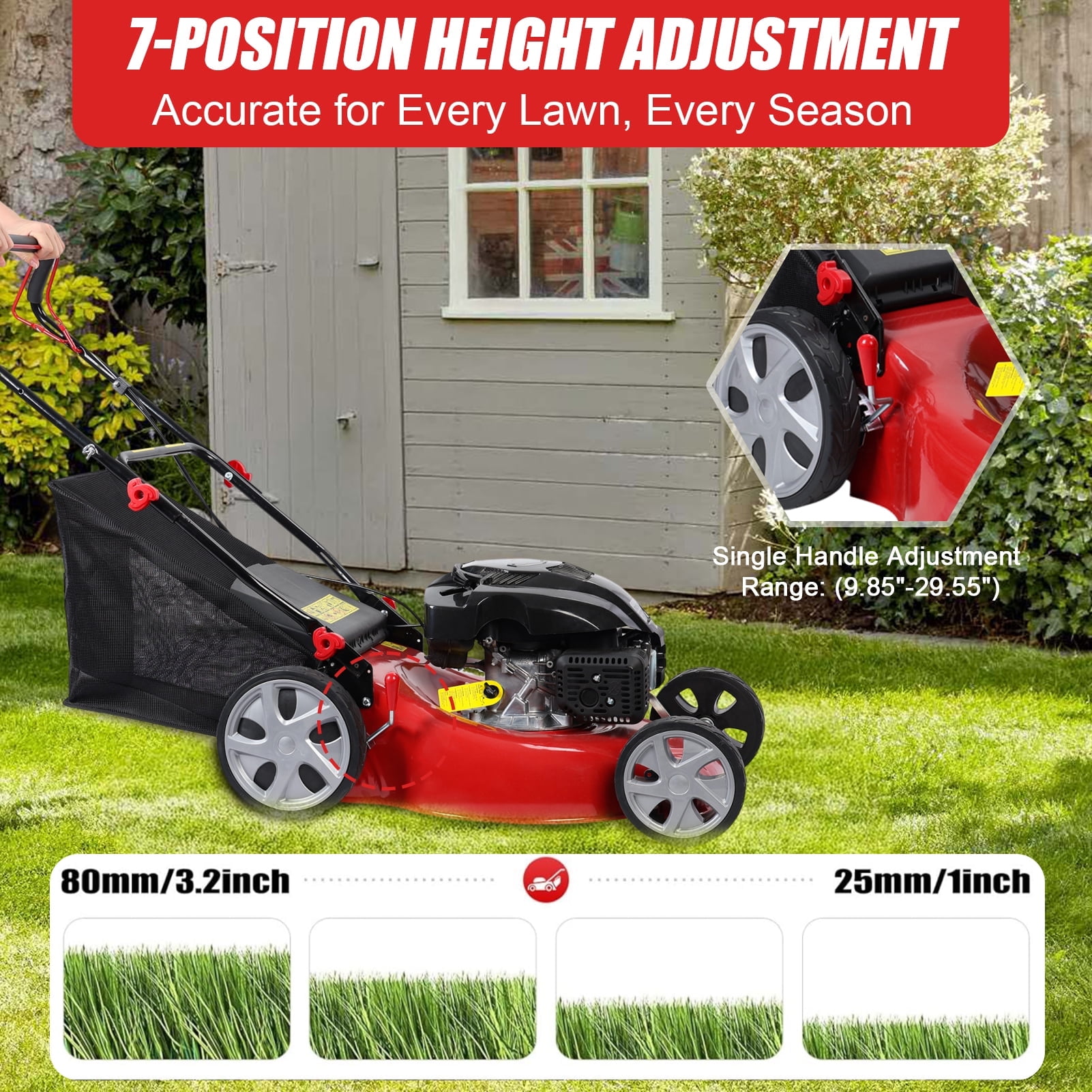 Fompes 20-Inch Gas Push Lawn Mower with 141 cc 4-Cycle Engine, 7-Position Dual Lever Height Adjustment Self Propelled Lawn Mower with 50L Grass Tank, Big Wheels