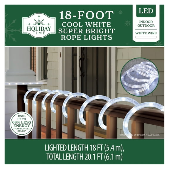 Indoor/Outdoor LED Super Bright Christmas Rope Lights, Cool White, White Wire, 18', by Holiday Time