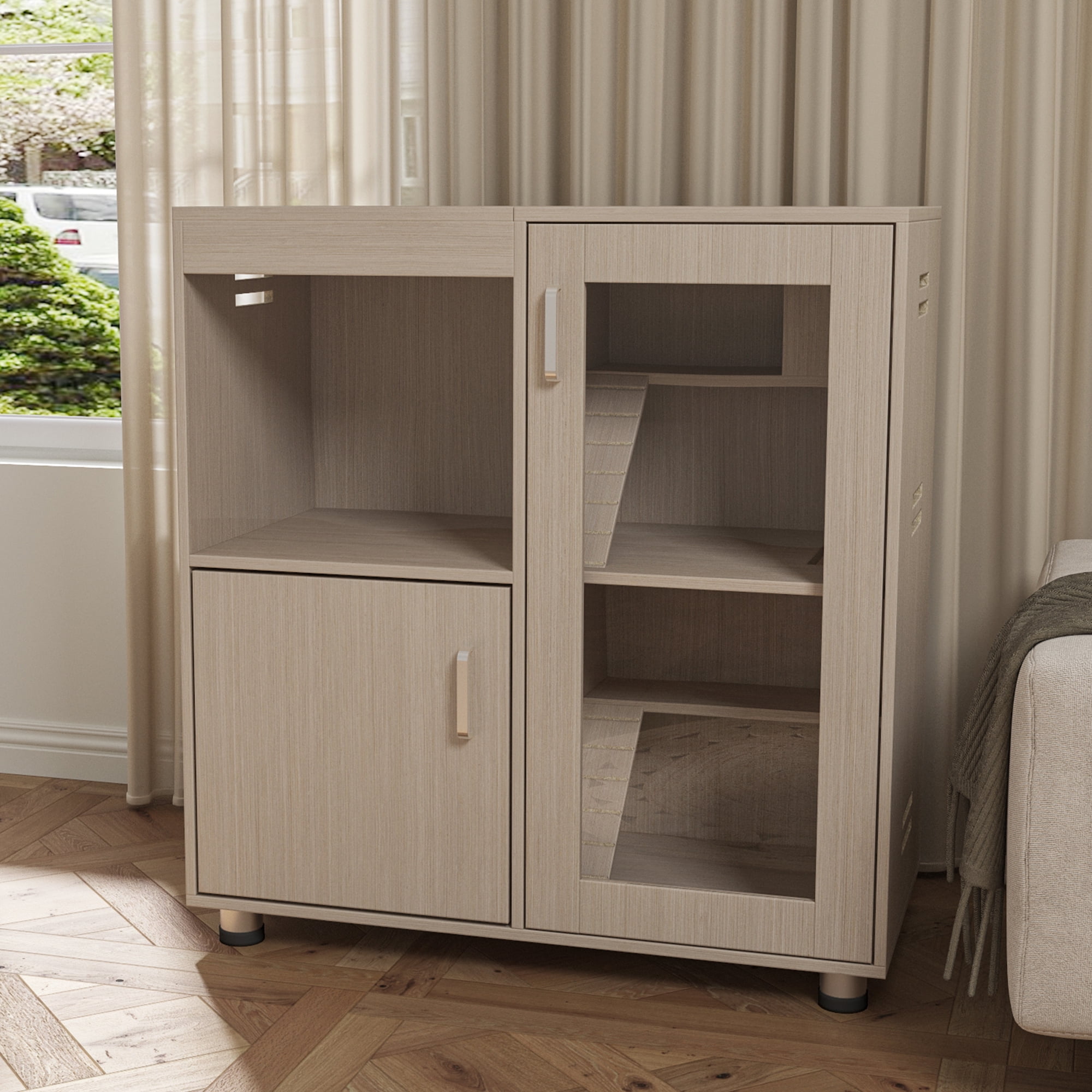 Pefilos 33" Wood Large Hamster Cage with Storage Cabinet, Guinea Pig Hutch, Animal Cage for Rat, 4-Level Indoor Small Animal Pet Cage, Light Beige