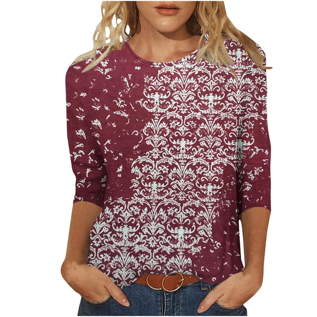 HKEJIAOI Hauts à Manches 3/4 pour Femmes Blouse Tunique Imprimé Floral L Blouse d'Été