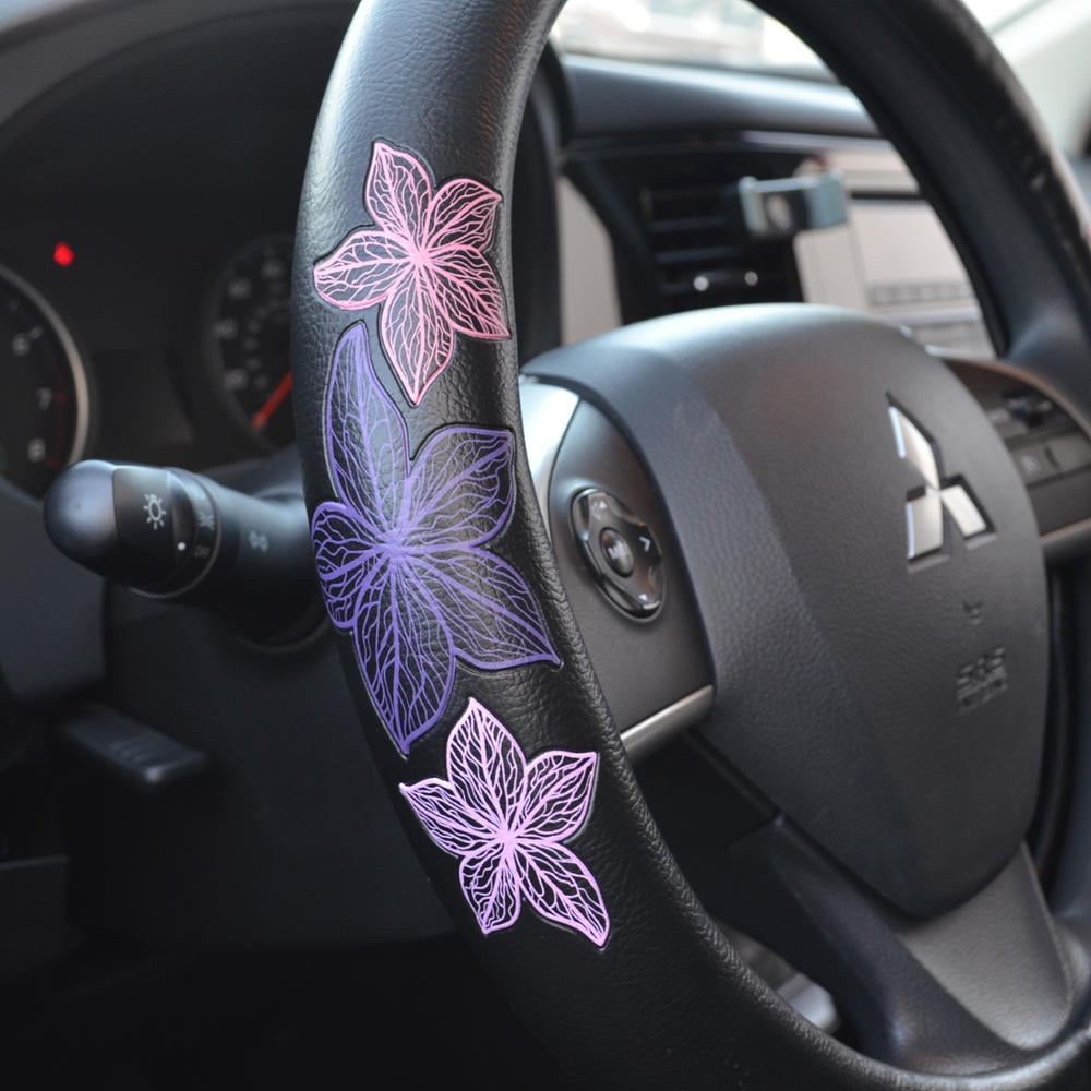 BDK GripGrab Comfort Grip - Purple & Pink Flowers Design on Black Synthetic Leather Steering Wheel Cover 15" - SW-538_AM