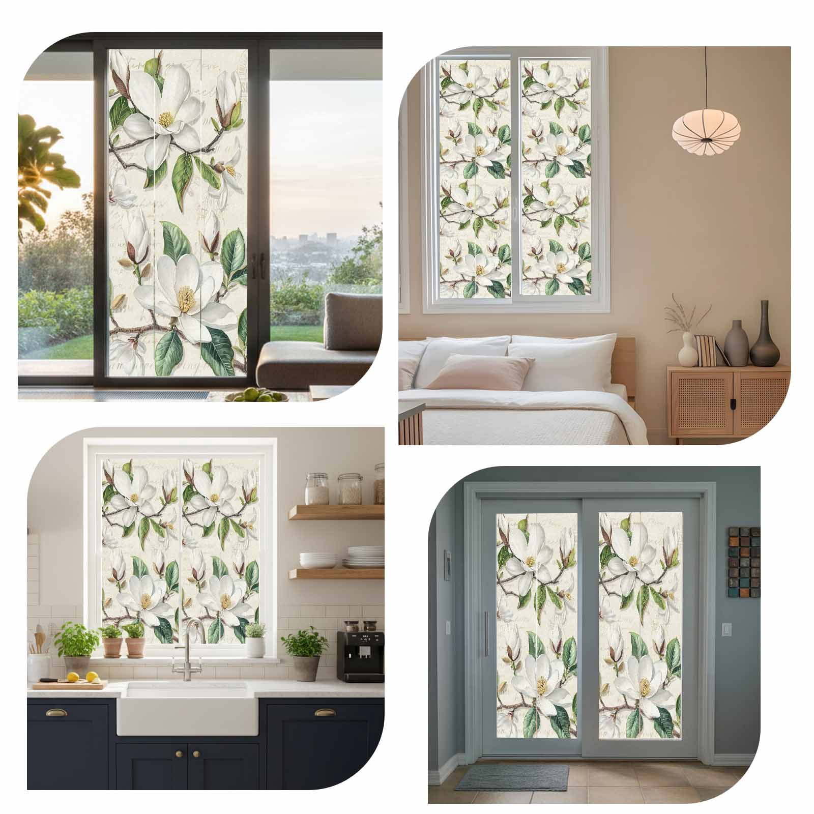 Sun Blocking Glass Window Film, Vintage Floral Spring Window Privacy Film Frosted, Rustic Botanical White Flowers Reusable Windows Privacy Sticker for Home Decor, Nursery, 23.6 x 78.7 Inches