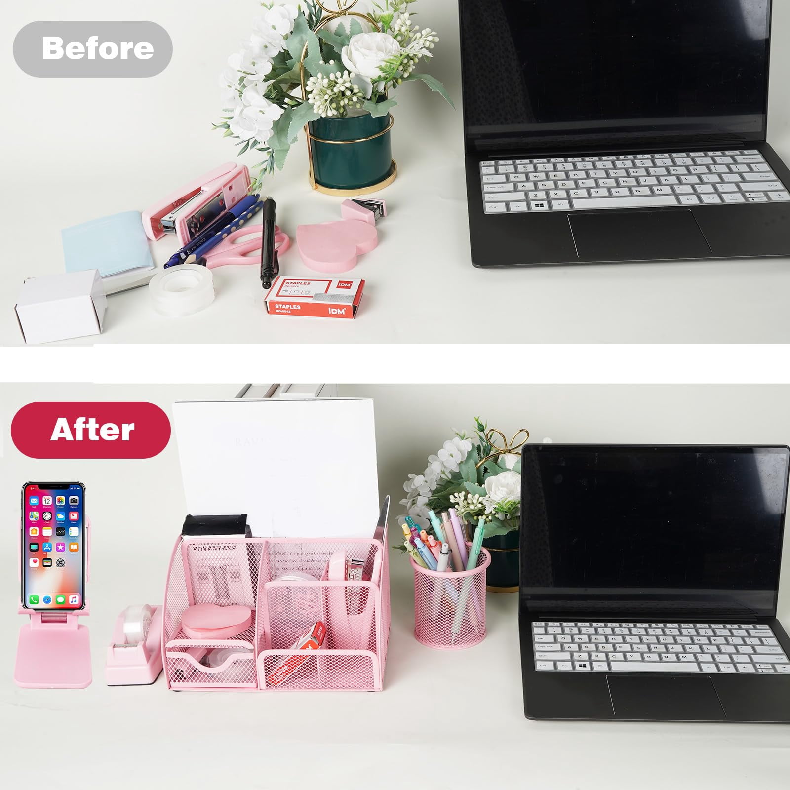 Desk Organizers And Accessories  Office Supplies 15ps Set With Stapler Staple Remover Pen Holder Clips Tape Dispenser Phone 1000 Staples Ruler (pink)