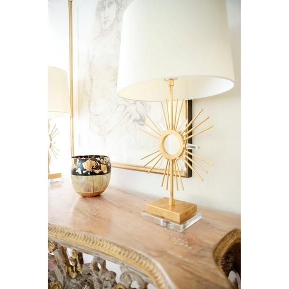 Lucas McKearn Sun King Metal Buffet Lamp with White Linen Shade in Gold Leaf