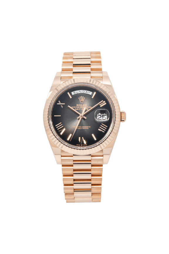 Pre-Owned Rolex Day-Date 40MM 228235 Black Roman Dial Fluted Bezel 18K Rose Gold President Bracelet