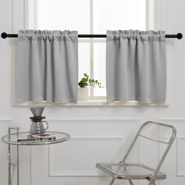 Cortina de café gris claro (media cortina de ventana), cortina de cocina pequeña con bolsillo para barra, cortina opaca corta para ventana pequeña, 2 paneles