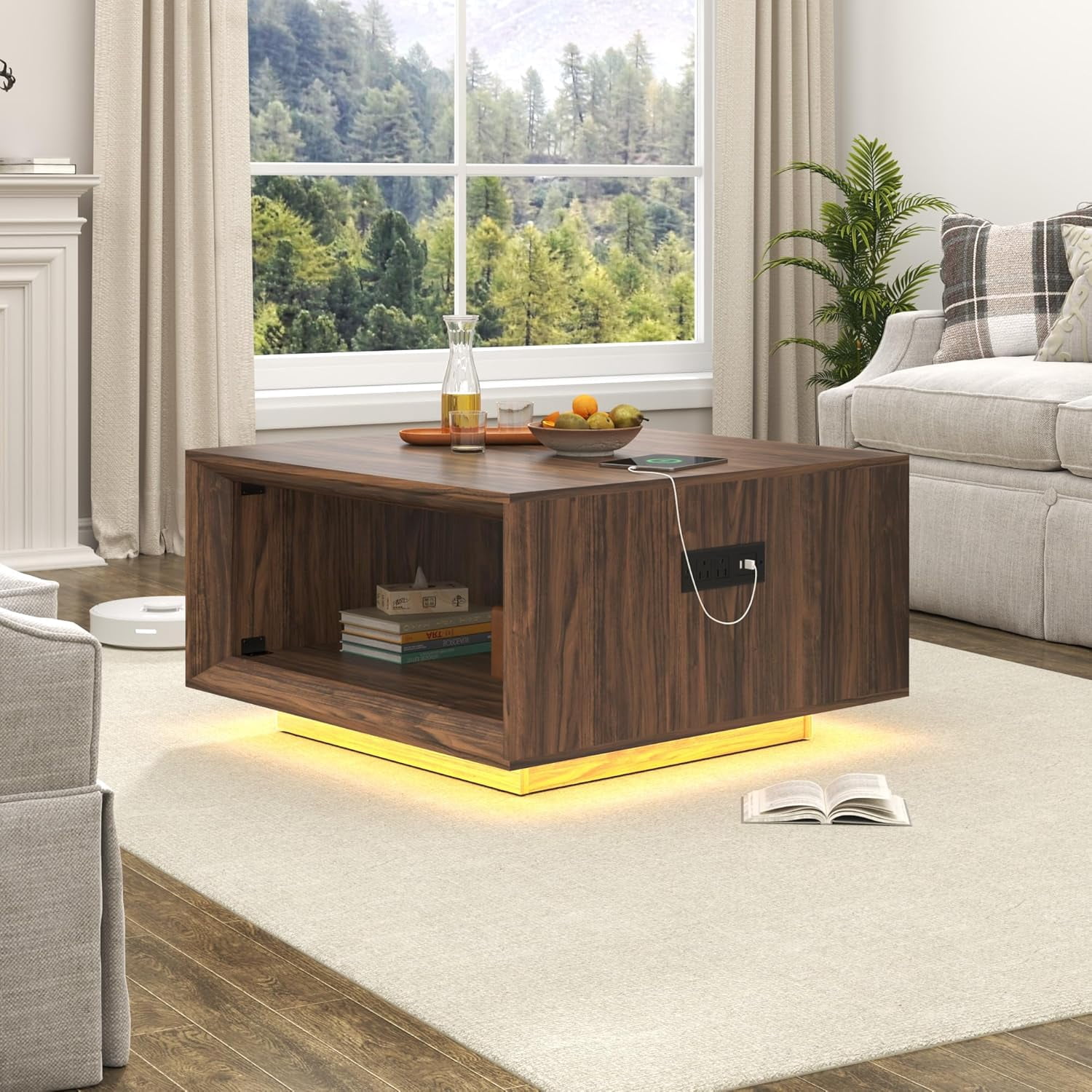 ANPOO 32"  Minimalist Modern Square Coffee Table with LED Light & Power Outlet, 2-Tier Wood Mid Century Table with Storage for Living Room