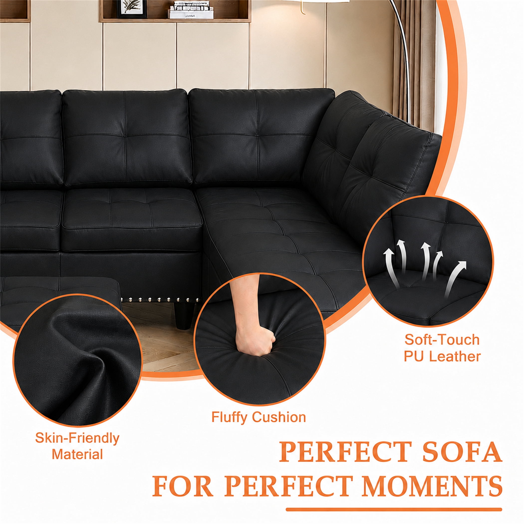 Aukfa 98" L Shaped Sectional Couch with Cup Holder Console, Tufted Back&Nailhead Trim, Oversized Right Chaise Leather Sofa for Living Room, Black