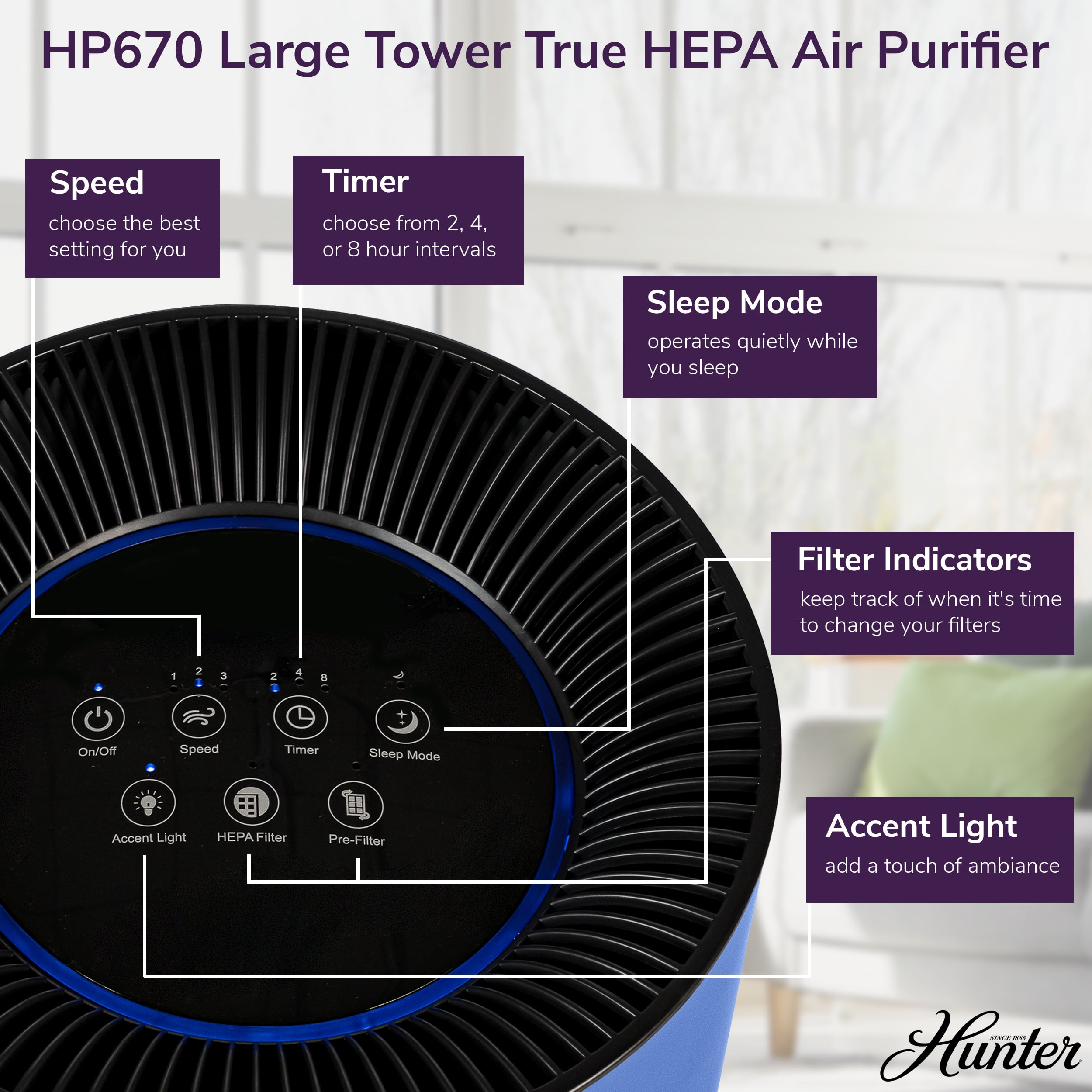 Hunter HP670 True HEPA Digital Tall Tower Air Purifier, Sage