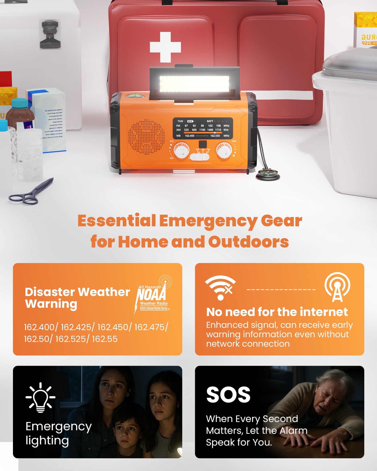 Colesno NOAA Weather Radio, 10000mAh Emergency Solar Hand Crank Radio with AM/FM, USB/Type-C Charging, LED Flashlight, and SOS Alarm, Compact Design for Outdoor, Travel, and Emergency Kits (Orange)