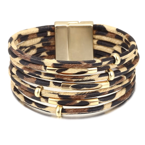 Vitdipy Fashion Leopard Print PU Leather Bracelet with Gold-Plated Tubes