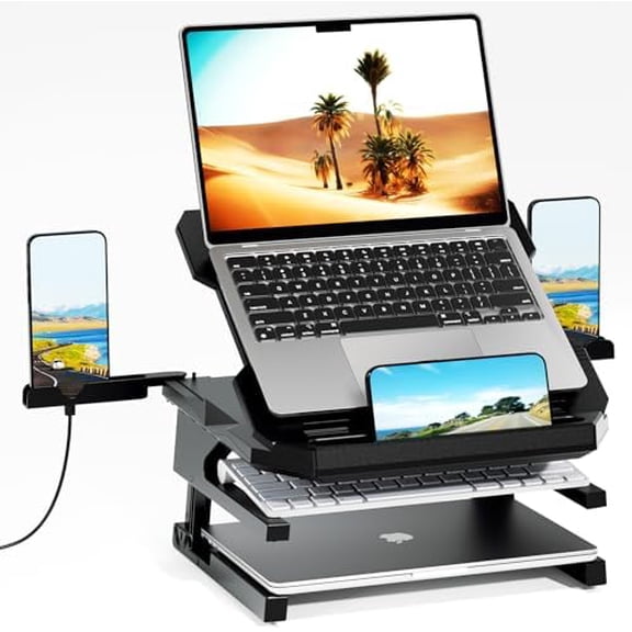 Laptop Stand for Desk, Phone Stand, Extended Laptops Riser, Elevator, 3 Height Adjustable, Rotatable Base, 10-17 Inches
