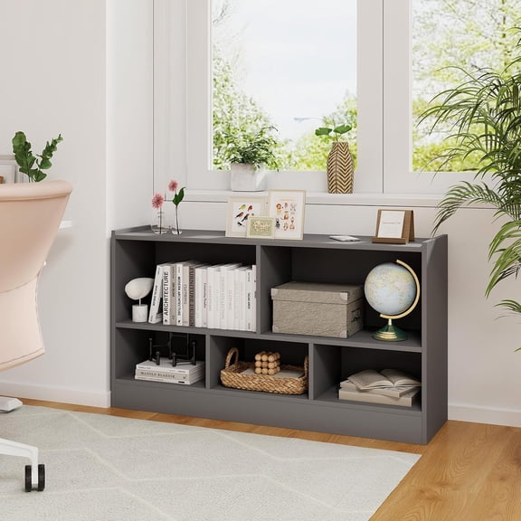 5 Cube Storage Organizer, 2-Tier Open Bookshelf, Wooden Bookshelves & Bookcases, Modern Display Book Shelf for Office Classroom, Under Window Small Horizontal Bookcase