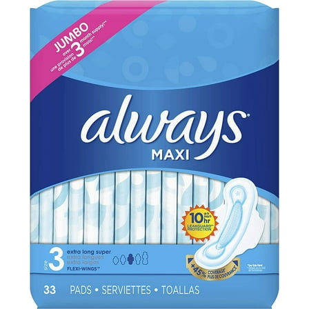 Maxi Size 3 Feminine Pads with Wings, Extra Long Super Absorbency, Unscented, 33 Count