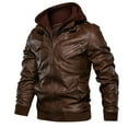 thumbnail image 4 of IYTR Mens Jackets Solid Color Long Sleeve Jacket Zipper Hooded Neck Slim Hooded Leather Jacket with Pocket Brown XXXL, 4 of 6