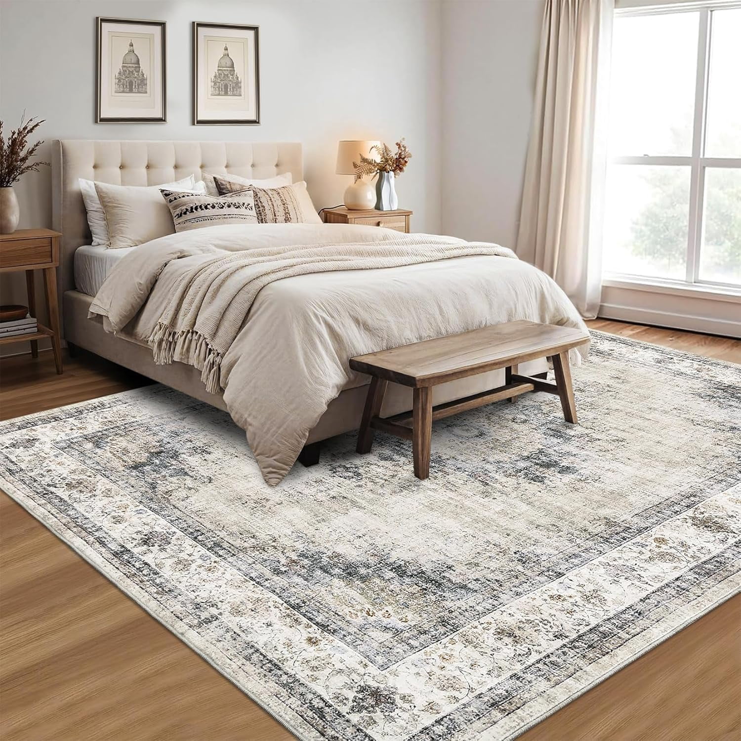Bedroom Area Rug 5x7 Vintage Distressed Living Room Area Rug Non Slip Low Pile Large Dining Room Rug Soft Medallion Throw Floor Carpet Machine Washable Rugs for Home Office, Sage