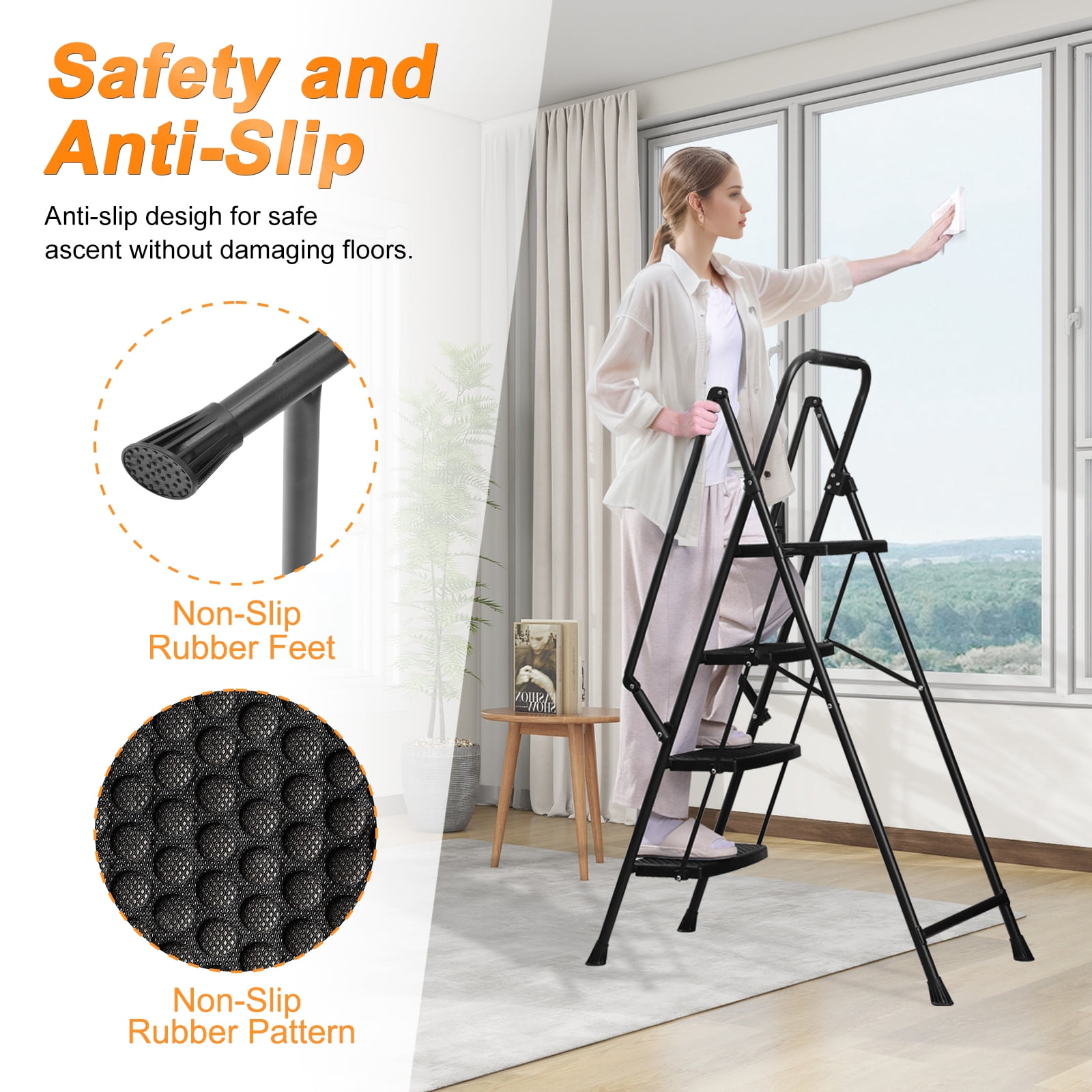Alvantor 4 Step Ladder with Handrails, Portable Steel Folding Stool with Wide Anti-Slip Pedal Black