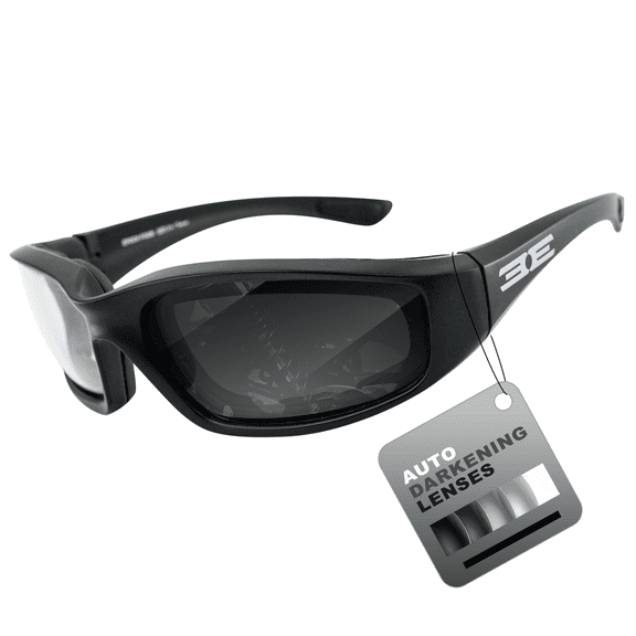 Epoch Eyewear Photochromic Auto-Darkening Motorcycle Sunglasses Foam Padded Black Frame w/ Clear to Smoke Lens