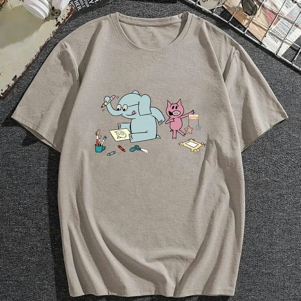 Camiseta gráfica de manga corta con cuello redondo y estiramiento medio con dibujo de elefante y cerdito informal para hombre, ropa masculina para el verano