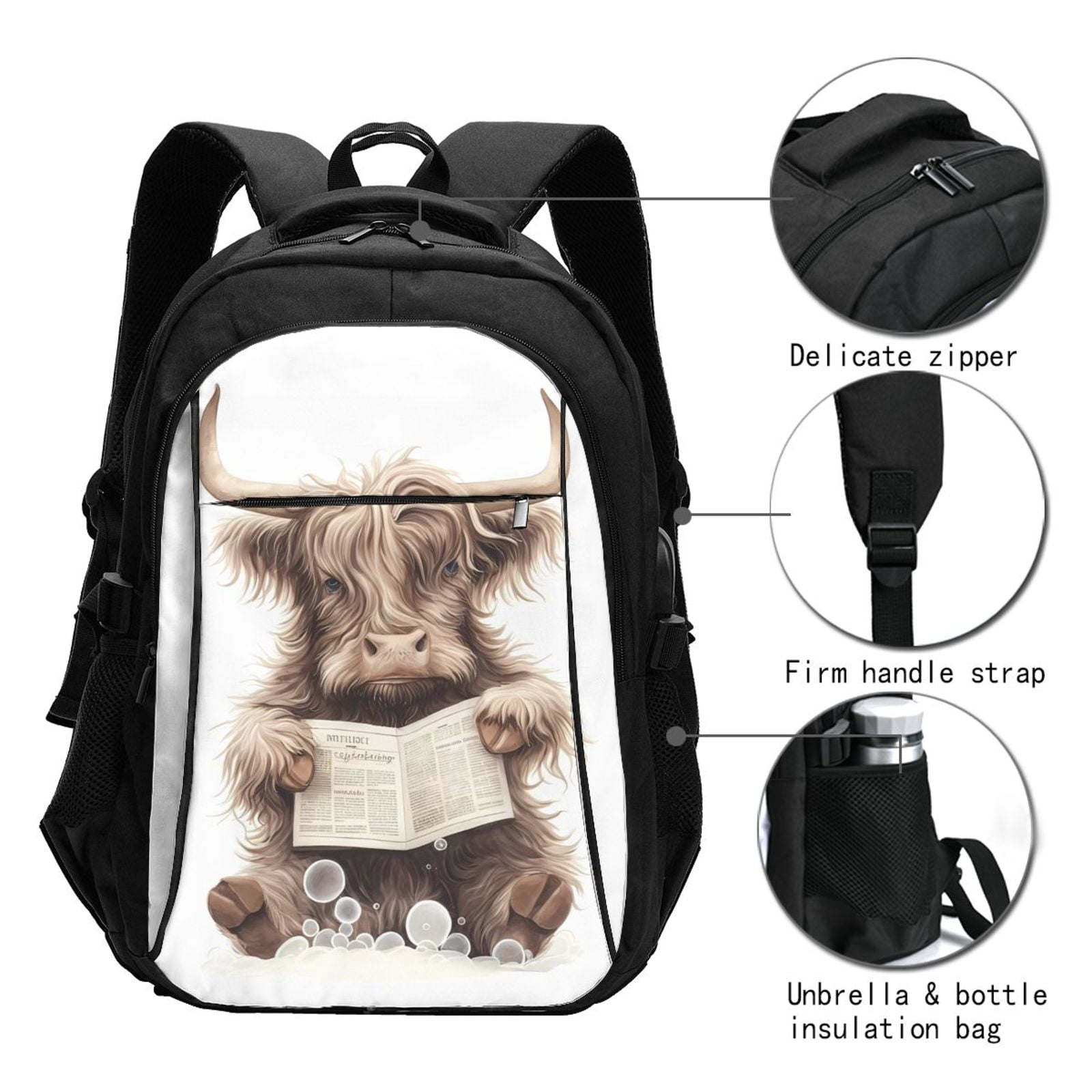 Ratiio Relaxed Cute Cow Reading Print Travel Laptop Backpack,Slim Sturdy Laptops Backpack with USB Charging Port, Water Resistant College School Computer Bag