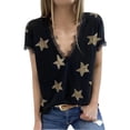 thumbnail image 1 of Camiseta informal de mujer de manga corta con ribete de encaje, color negro, talla L, cuello en V y diseño de noche estrellada, 1 of 5