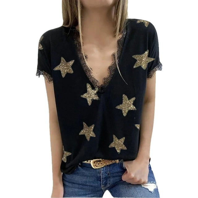 Camiseta informal de mujer de manga corta con ribete de encaje, color negro, talla L, cuello en V y diseño de noche estrellada