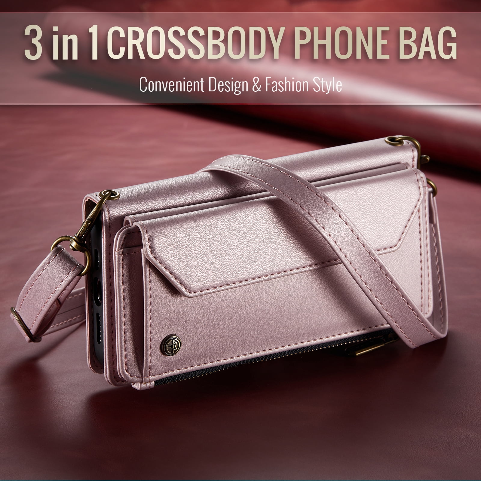 for iPhone 11 Full Body Protection Wallet Folio Flip Case, Shoulder Strap & Wristlet Card Slots Zipper Pocket RFID Blocking Rugged Durable PU Leather Phone Case Cover, Pink