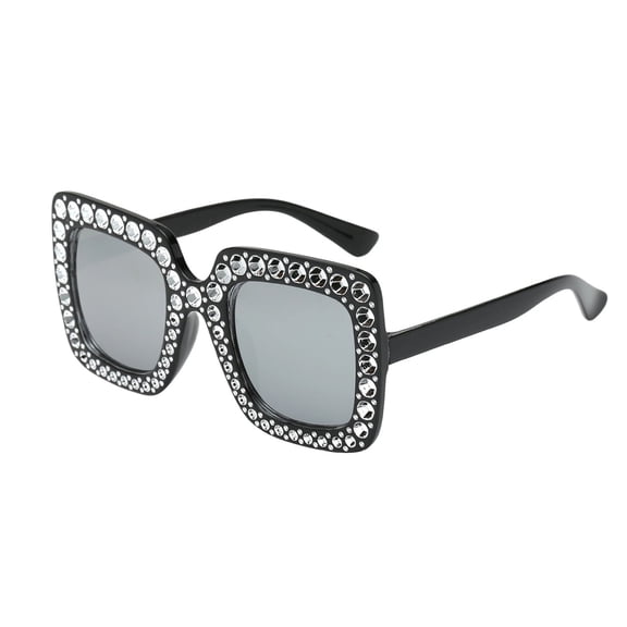 Rhinestone Square Sunglasses Crystal Bling Oversized Sun Glasses Uv Protection Fashion Shades For Beach Cycling Outdoor Activities(Grey-14.6Cm)