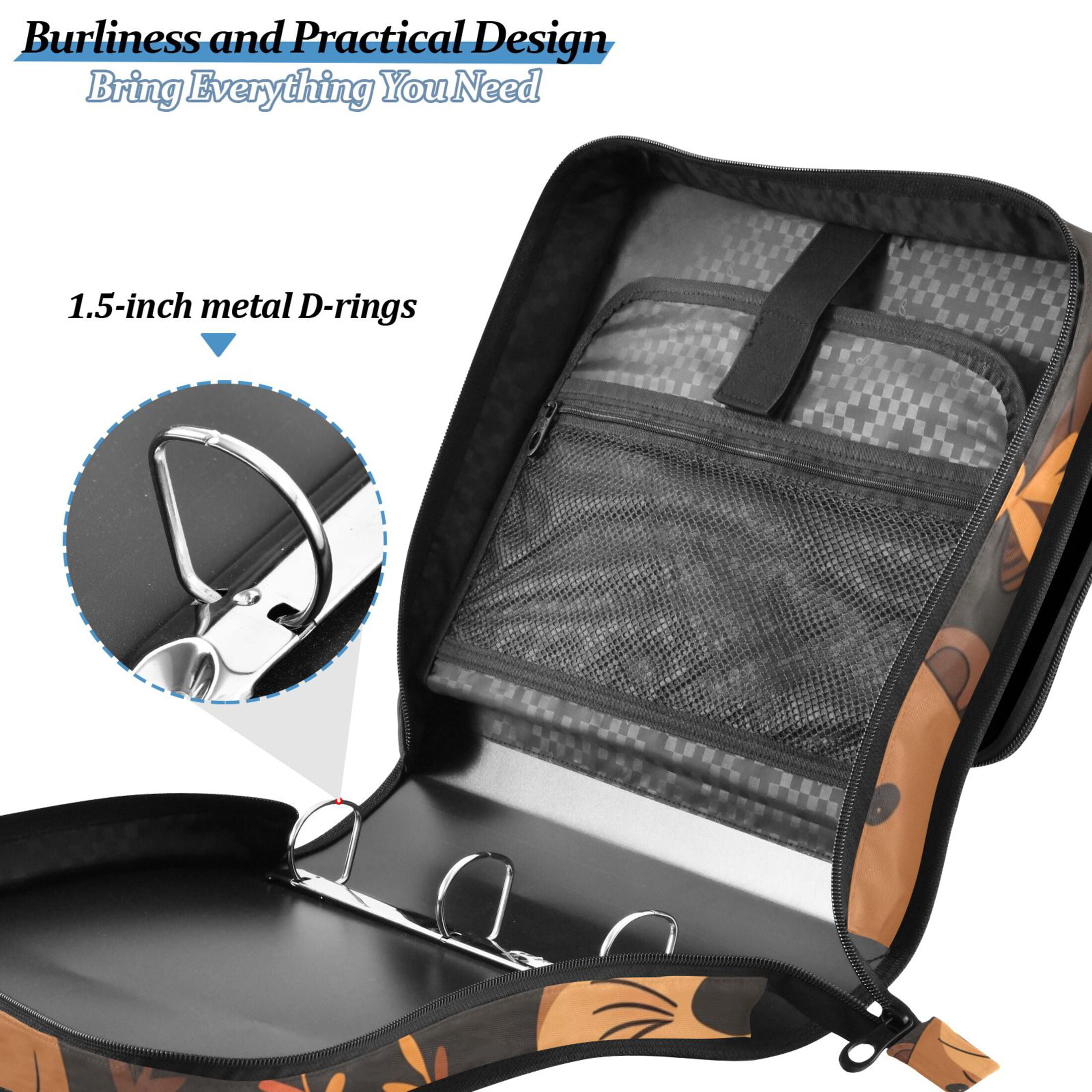 3 Ring Zipper Binder with Shoulder Strap Waterproof Trapper Keeper 2 Inch D-Ring 500 Sheets Capacity Cute Beaver and Mushroom