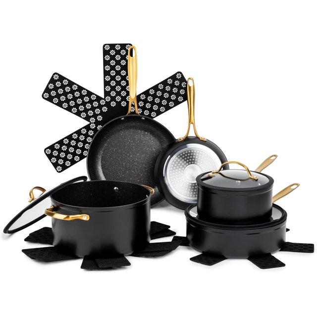 ThymeS & TableS Signature 12-Piece Non-Stick Cookware Set - Durable Aluminum Pots and Pans for All Cooktops, Oven Safe, Ergonomic Riveted Handles, Includes Stock Pot (Black & Gold)