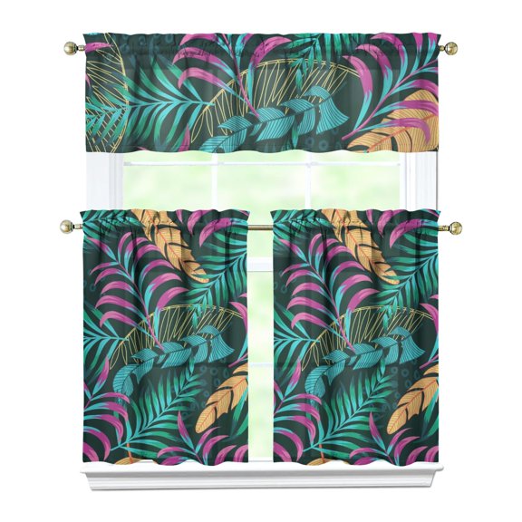 Hawaiian Leaf Kitchen Curtains 3PCS, 27.5x36 Inch Polyester Tropical Plant Tier and Valance, Window Drapes for Café or Bathroom