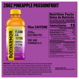 BODYARMOR FLASH I.V. Caffeine Zero Sugar Pineapple Passionfruit Bottles, 20 fl oz, 12 Pack