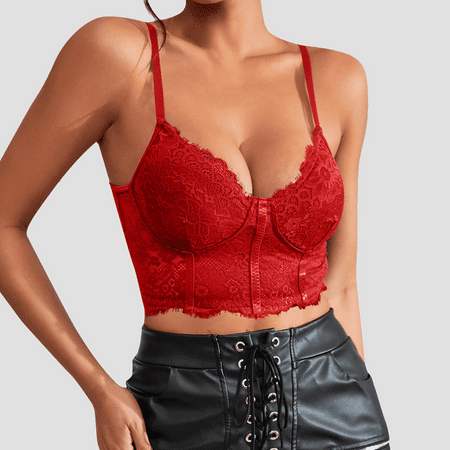 Fulorrnie Bras for Women Lift Wirefree Supportive Comfort Balconette Lace Stretchable Spaghetti Straps Bra Red S