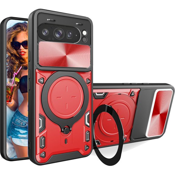 for Google Pixel 9 Pro/Pixel 9 2024  Case with Magnetic Ring Kickstand, Rugged Military Grade Shockproof Heavy Duty Case with Slide Camera Lens Cover for Google Pixel 9 Pro JS-Red