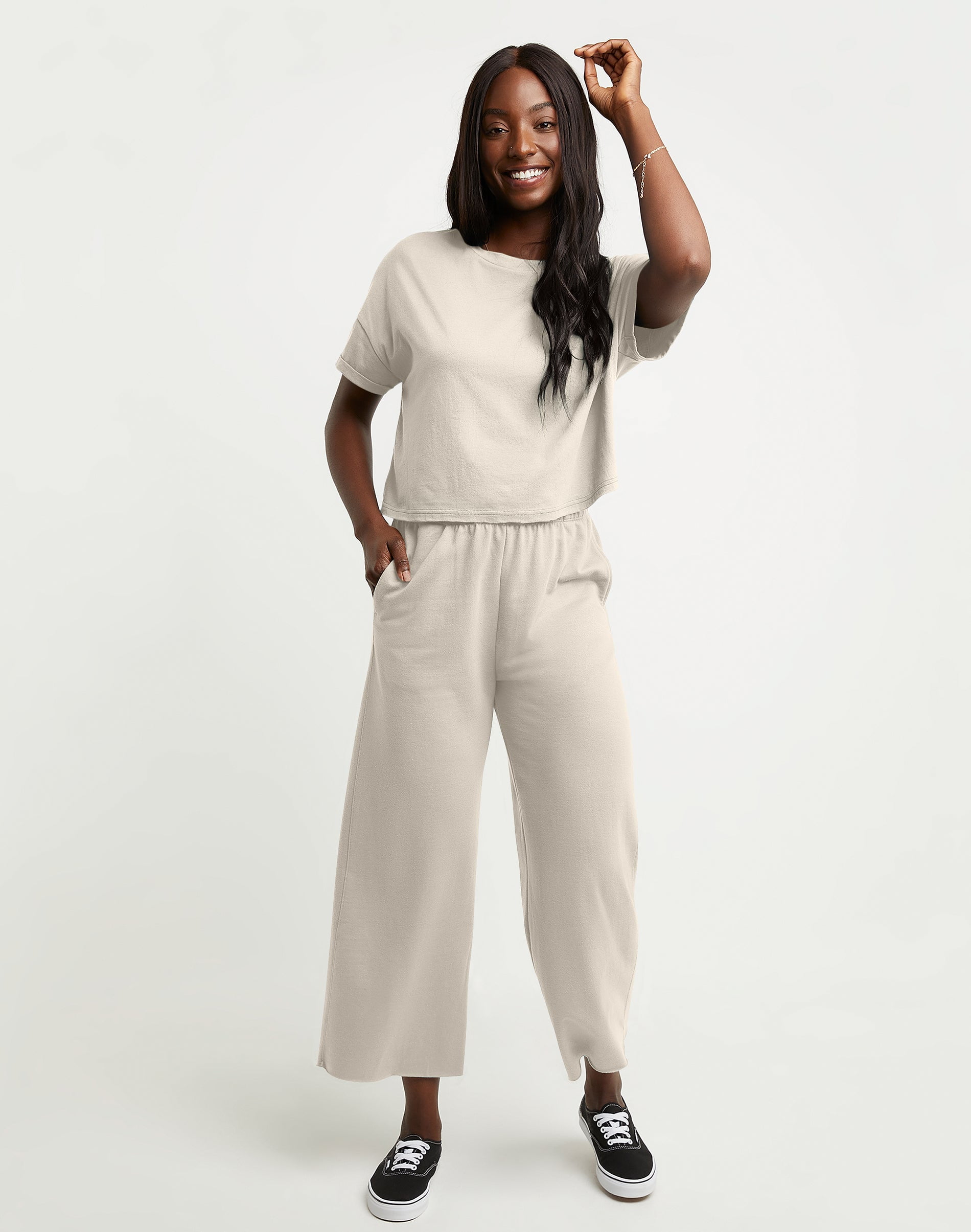Hanes Wide Leg Crop Pants Originals French Terry Sweatpants Pockets Women XS-2XL