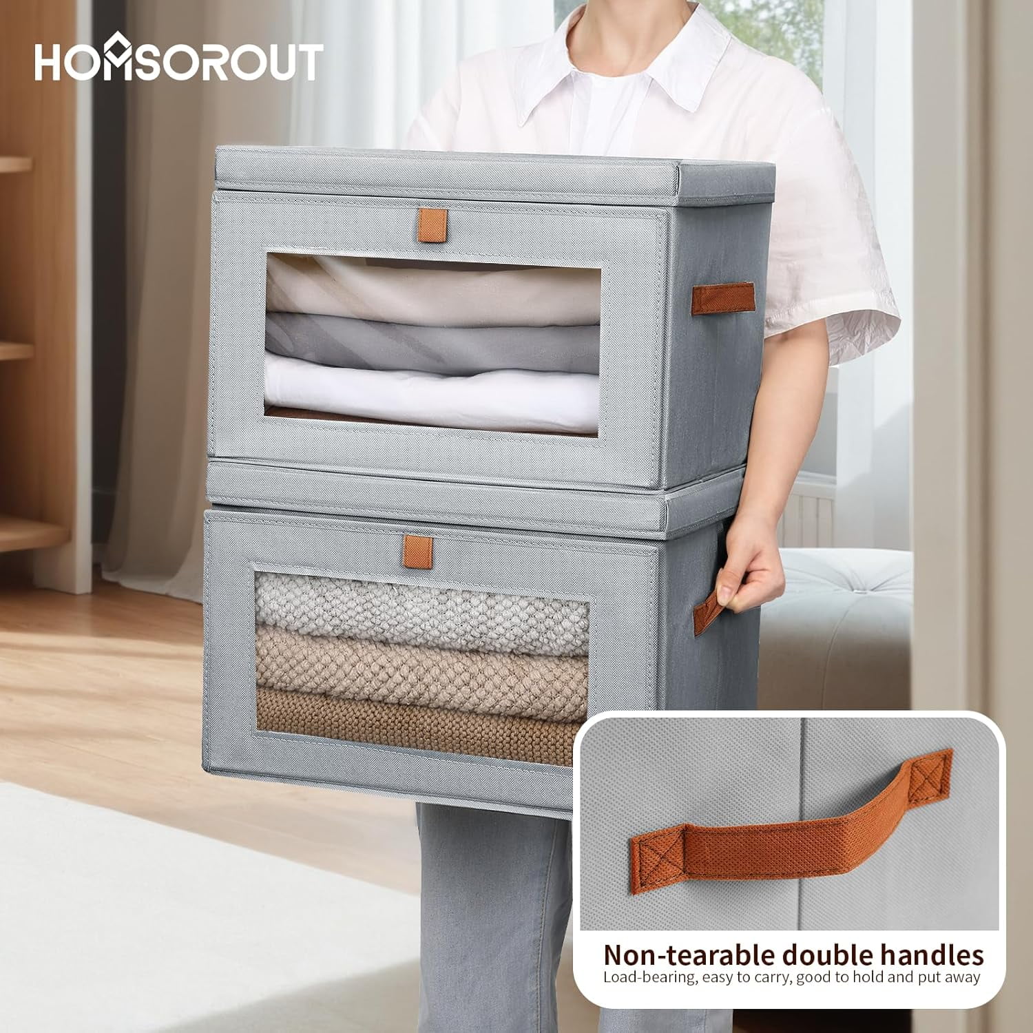 Large Closet Storage Organizer - Clothes Storage Bins with Handles & Window, Collapsible Decorative Boxes with Lids, Fabric Containers for Living Room, Dorm, 4 Pack, Grey