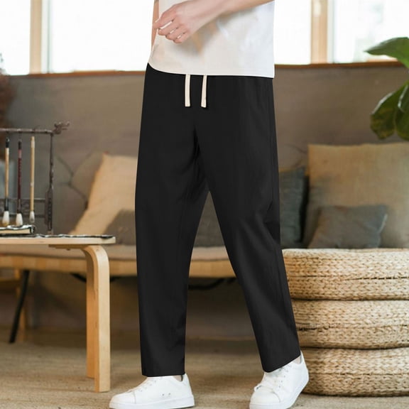 kosheko Mens Casual Pants Solid Color Drawstring Elastic Waist Comfy Baggy Trousers Lightweight Beach Summer Vacation Outfits Black L