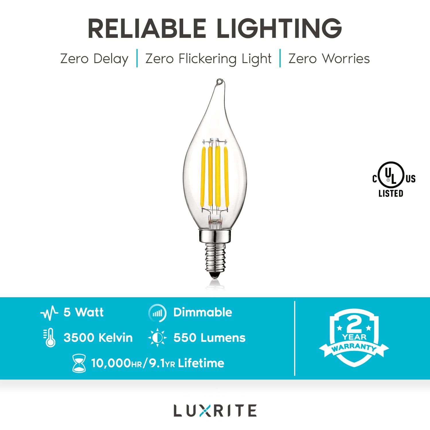 Luxrite 5W E12 Vintage Candelabra LED Dimmable Light Bulbs, 60W Equivalent 3500K Natural White, 550 Lumens, Flame Tip, 6-Pack