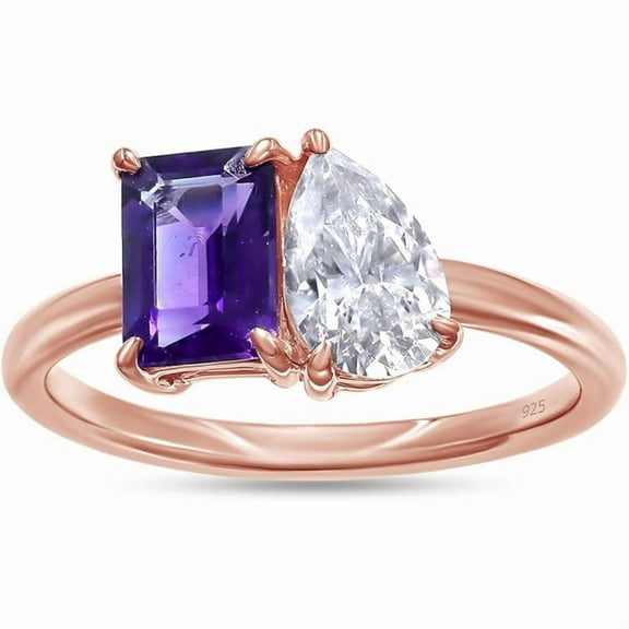 925 Sterling Silver 14K Rose Gold Plating Amethyst Emerlad Shape & Pear Cut White Diamond Toi Et Moi 2-Stone Wedding Engagement Ring For Women