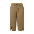 thumbnail image 4 of Hurxie Womens Capris Pants High Waist Drawstring Comfy Casual Pants Lightweight Trousers Buttons with Pockets Khaki,XL, 4 of 6
