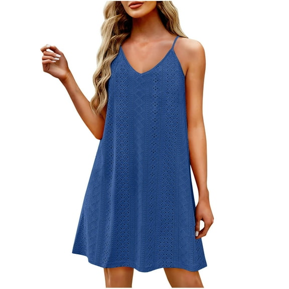 Ecqkame 2025 Womens Summer Slip Dresses Casual Fashion Sexy Spaghetti Straps V Neck Beach Dresses Hollow Out Solid Color Sleeveless Camisole Sundress with Pockets Blue L