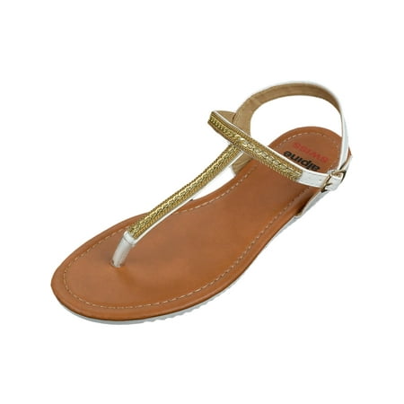 gold t strap flat sandals