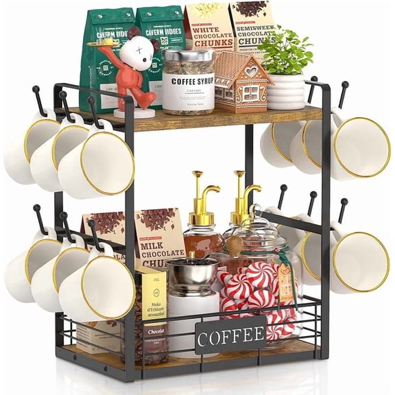 Funpisea 2-Tier Coffee Mug Holder, 12 Hooks Countertop Organizer for Coffee Bar Station