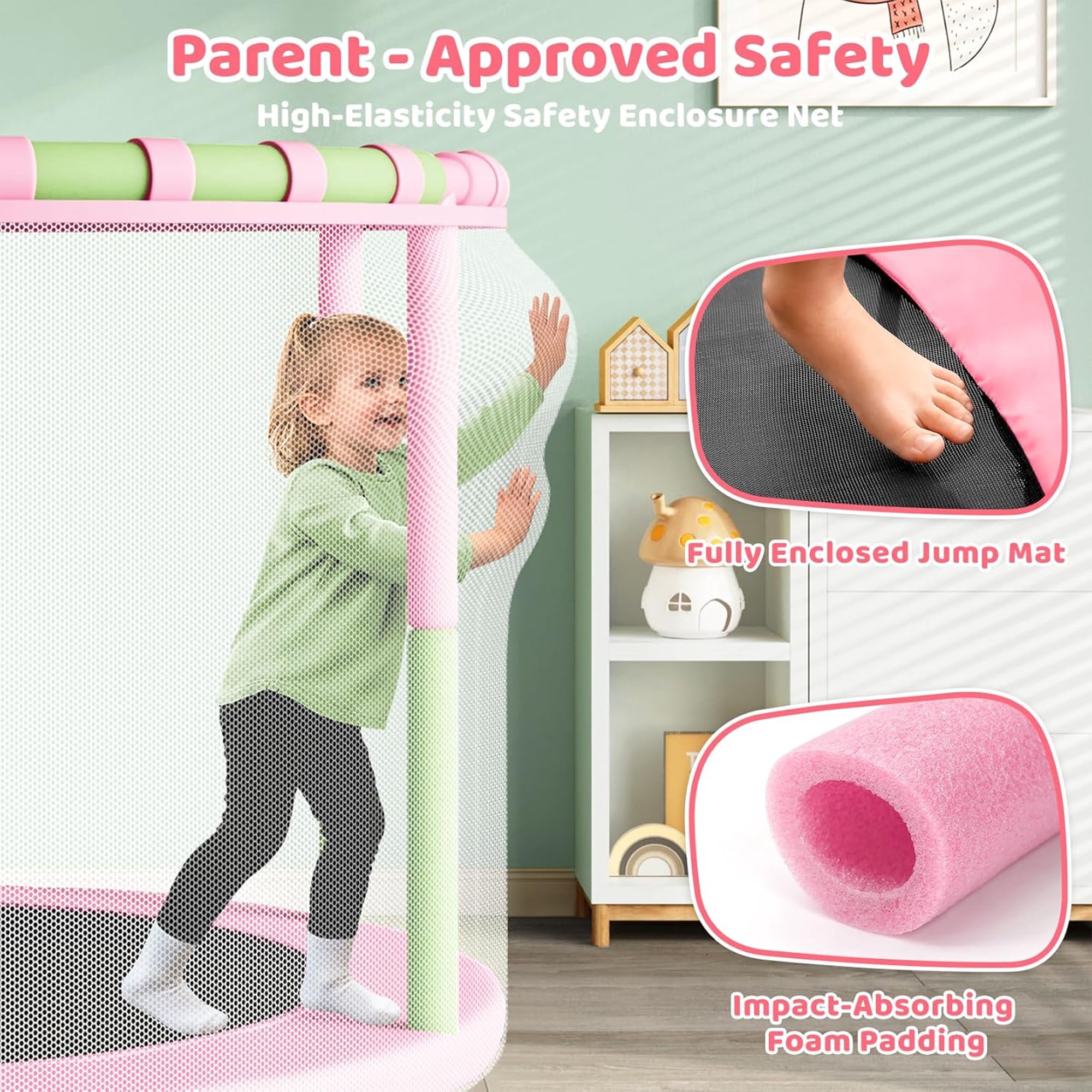 Toremore 55" Trampoline for Kids with Enclosure, 6-in-1 Kid Trampoline Indoor & Outdoor, Toddle Trampoline with Adjustable Gymnastics Bars, Pink