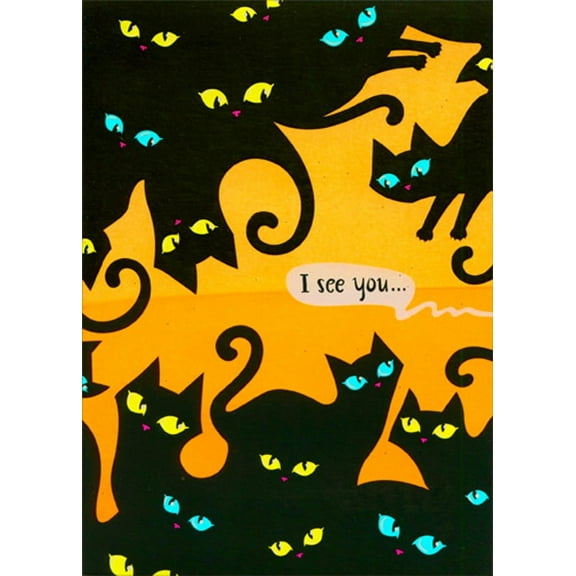 Designer Greetings Black Cats with Neon Blue and Green Eyes Halloween Card