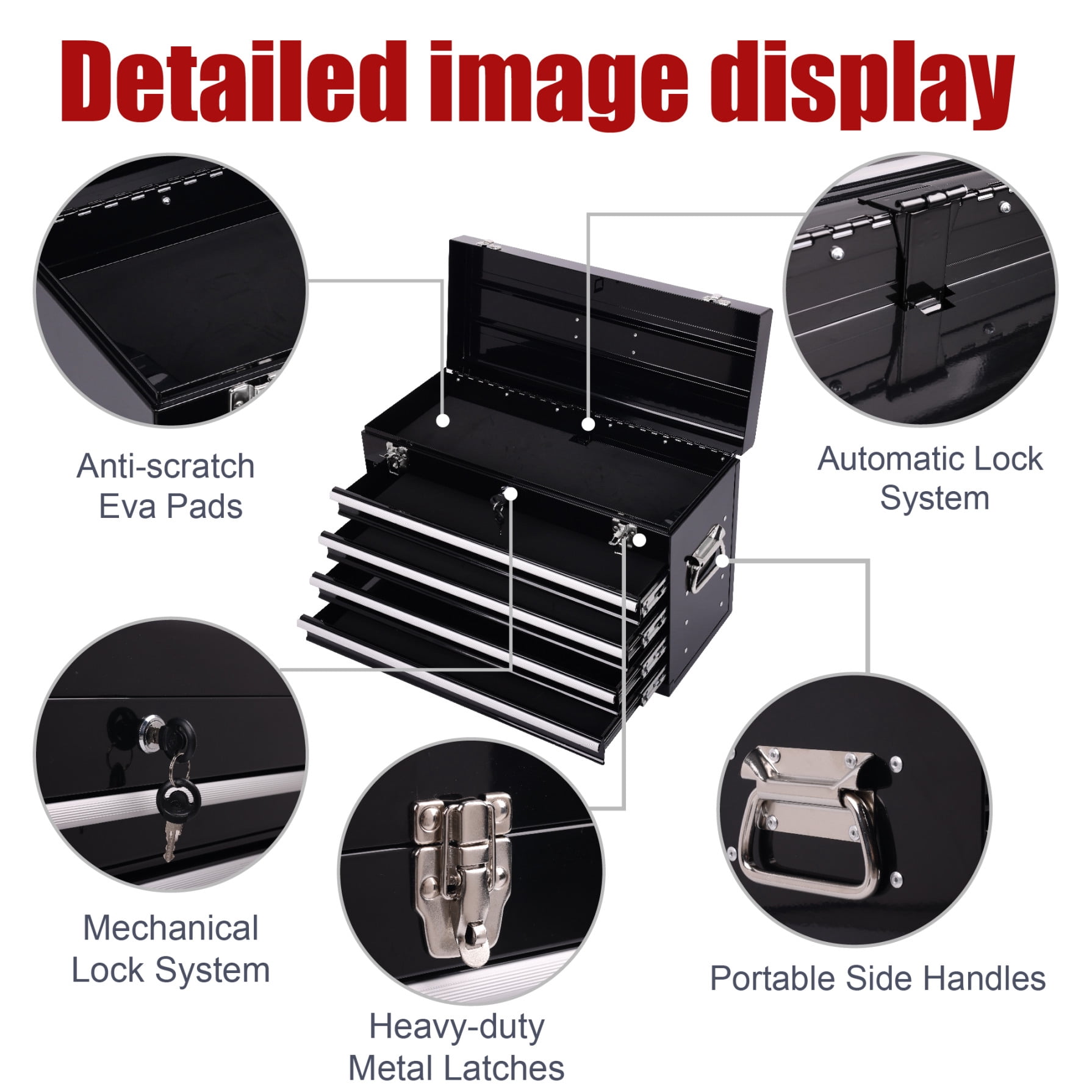21-inch Heavy Duty Metal Tool Box, Portable Tool Chest with 4 Drawers, EVA Liners, Ball Bearing Slide Drawers, Lockable, Powder Coated, Multi-Function Tool Organizer, Black